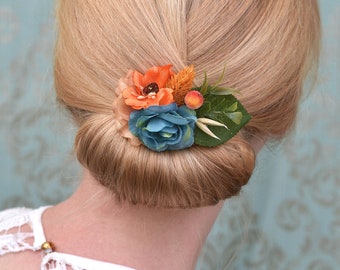 Flower Hair Clip in Orange and Blue Roses