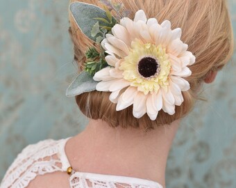 Blush Pink Gerbera Flower Hair Clip with Silvery Greenery