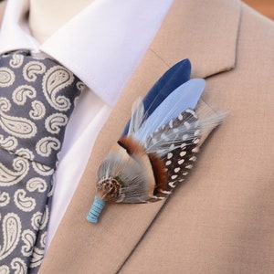 Navy and Pastel Blue Feather Pin  | Feather Boutonniere / Hat Pin | Duck Feather Brooch