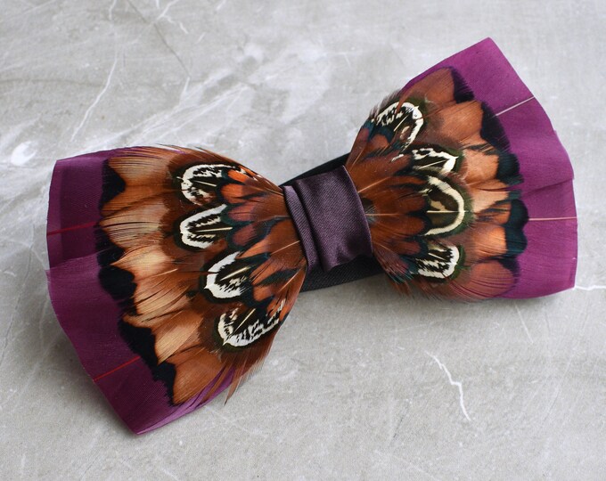 Plum and Copper Pheasant Feather Bow Tie