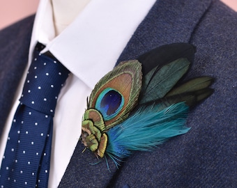 Peacock Feather Lapel Pin in Blue, Teal and Green