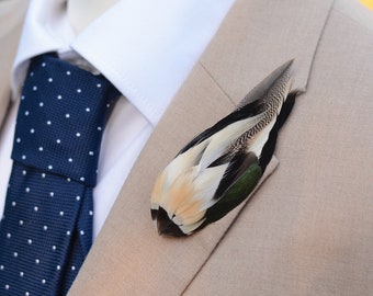 Ivory and Black Duck Feather Lapel Pin Brooch