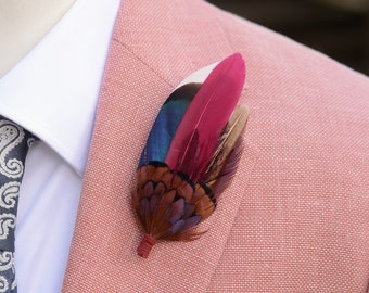 Navy and Burgundy Duck and Pheasant  Feather Lapel Pin / Hat Pin | Duck Feather Boutonniere | Pheasant Feather Brooch |  Feather Hat Pin