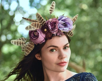 Fall Flower and Pheasant Feather Headpiece in Purple