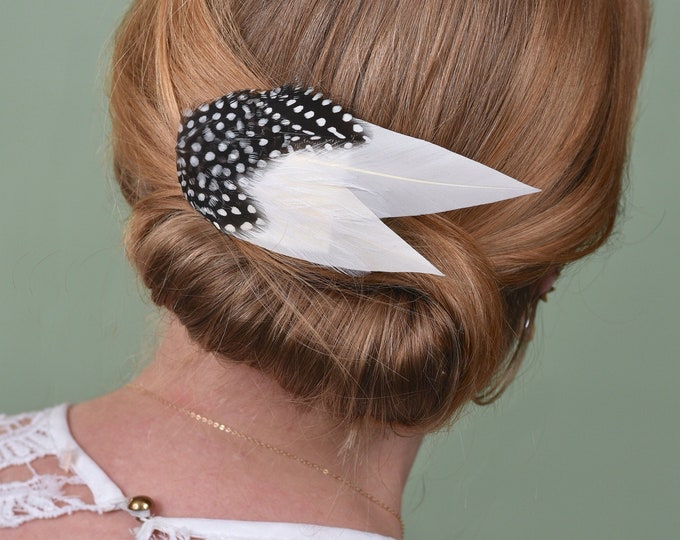 Feather Hair Clip in Ivory and Spotted Guinea Fowl