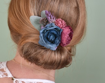 Flower Hair Clip in Plum and Navy Blue