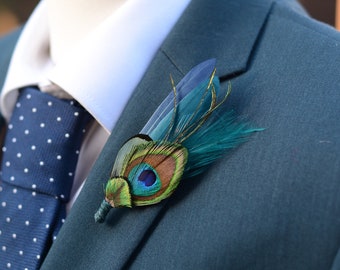 Teal and Navy Peacock and Pheasant Feather Lapel Pin