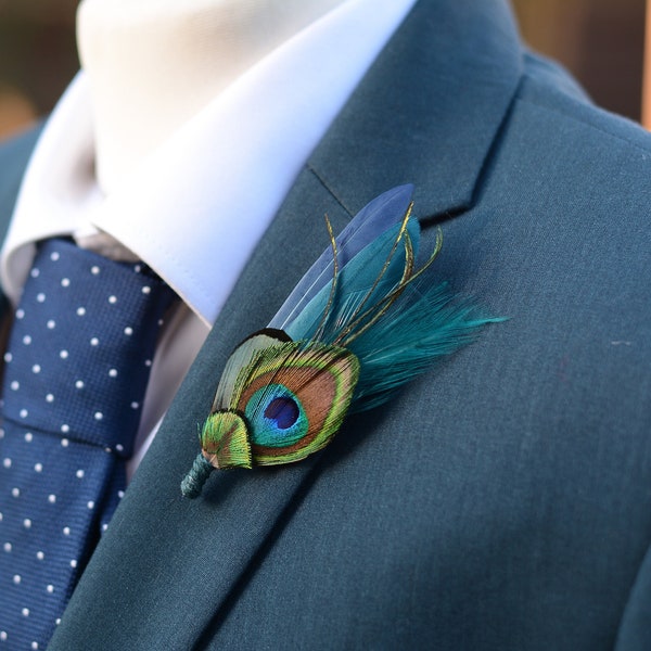 Teal and Navy Peacock and Pheasant Feather Lapel Pin |  Peacock Feather Boutonniere | Peacock Feather Brooch