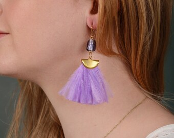 Lilac Ostrich Feather Tassel Earrings