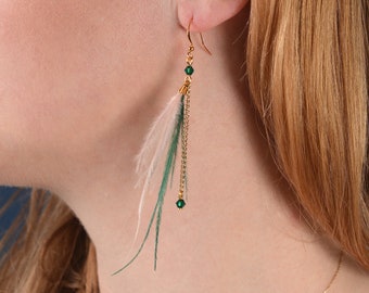 Delicate Emerald Green and Blush Pink Ostrich FeatherTassel Earrings