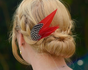 Red Feather Fascinator Hair Clip. Handmade in USA.
Ostrich feather accent. Rhinestone Feather Fascinator - Red and Black Feather Hair  main image 3