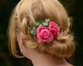 Bright Pink Rose and Peony Flower Hair Clip - Bridal Accessory