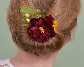 Burgundy Peony Flower Hair Clip