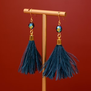 Navy Blue Ostrich Feather Tassel Earrings | Feather Jewellery | Long Earrings
