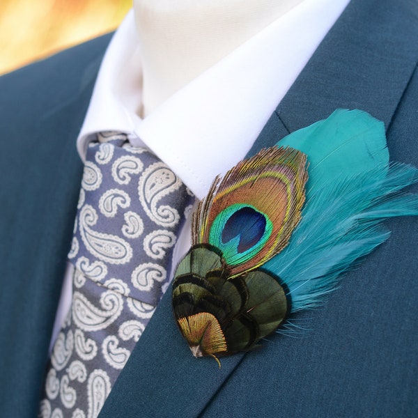 Teal and Peacock Feather Lapel Pin | Peacock Feather Boutonniere | Peacock Feather Brooch | Peacock Feather Hat Pin | Peacock Hat Pin