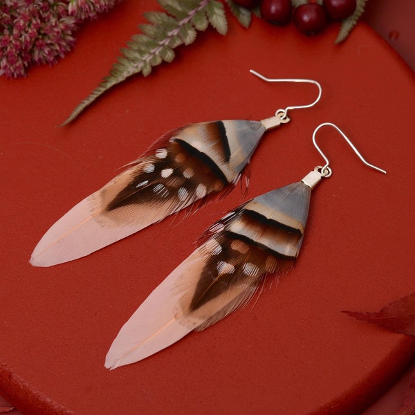 Boho Feather Earrings in Pheasant and blush Pink