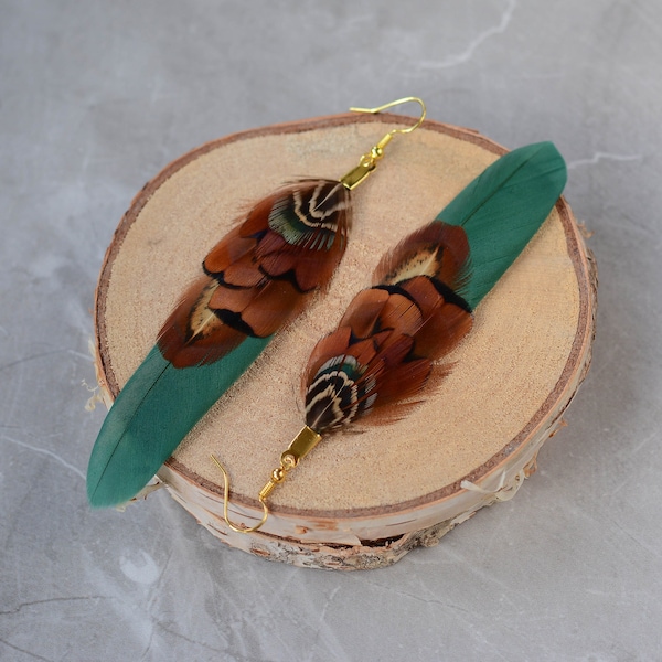 Green and Copper Feather Earrings | Pheasant Feather Earrings | Festival Earrings | Feather Jewellery | Festival Jewellery | Drop Earrings