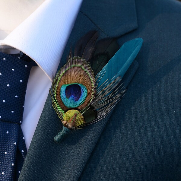 Épingle à chapeau / épingle à chapeau plume sarcelle et paon | boutonnière en plumes de paon | Broche plume de paon