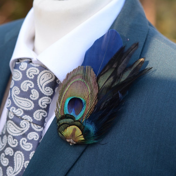 Navy Blue and Peacock Feather Lapel Pin | Peacock Feather Boutonniere | Peacock Feather Brooch | Peacock Feather Hat Pin | Peacock Hat Pin