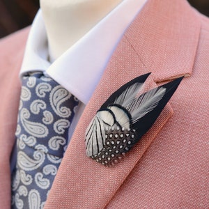 Monochrome Feather Hat Pin / Lapel Pin | Feather Boutonniere | Pheasant Feather Brooch