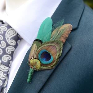 Green Pheasant and Peacock Feather Pin |  Peacock Feather Boutonniere | Peacock Feather Brooch