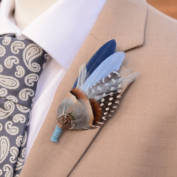 Navy and Pastel Blue Feather Lapel Pin  |  Feather Boutonniere | Duck Feather Brooch