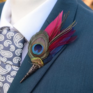 Burgundy and Navy Peacock Feather Boutonniere Pin | Feather Hat Pin | Peacock Feather Brooch
