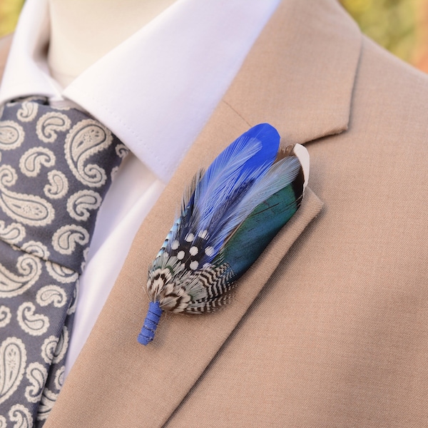 Royal Blue and Navy Blue Duck Feather Lapel Pin |  Feather Boutonniere | Duck Feather Brooch