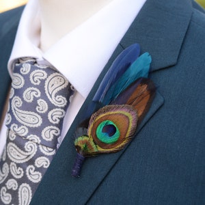 Navy and Teal Peacock Feather Boutonniere / Hat Pin | Peacock Feather Brooch