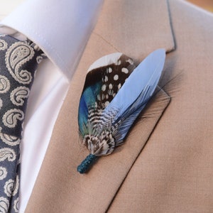 Small Navy and Pastel Blue Feather Boutonniere / Hat Pin | Blue Feather Pin | Duck Feather Brooch