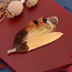 Gold and Pheasant Feather Pin | Pheasant Feather Boutonniere |  Feather Brooch | Feather Hat Pin