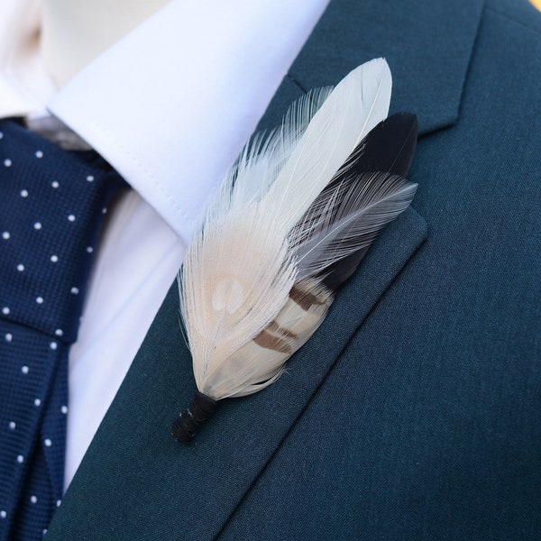 Monochrome Black and Ivory Peacock Feather Lapel Pin Brooch | Feather Boutonniere | Feather Brooch | Feather Lapel Pin