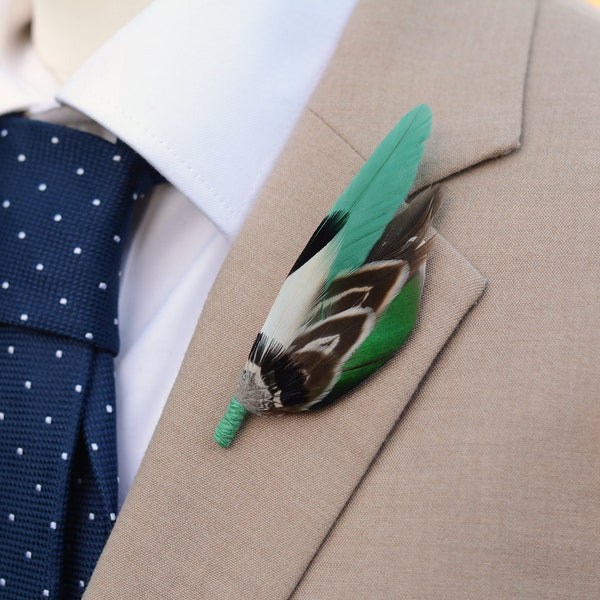 Bottle Green Duck Feather Lapel Pin | Duck Feather Boutonniere | Pheasant Feather Brooch |  Feather Hat Pin