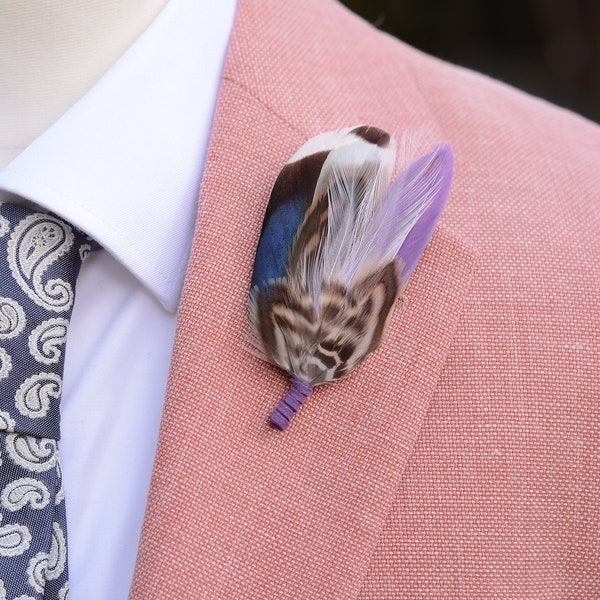 Grape Purple and Navy Blue Duck Feather Lapel Pin | Duck Feather Boutonniere | Pheasant Feather Brooch |  Feather Hat Pin