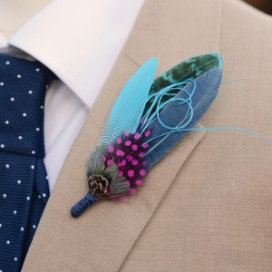 Turquoise Blue and Pink Feather Pin | Pheasant Feather Boutonniere |  Feather Brooch | Feather Hat Pin