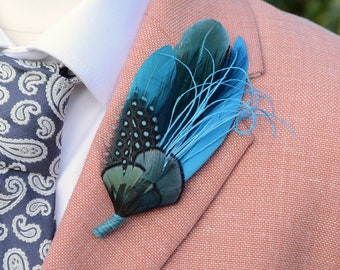 Teal, Turquoise and Blue Feather Lapel Pin No.290