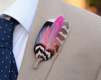 Blue Duck and Pheasant Feather Lapel Pin with a Flash of Pink