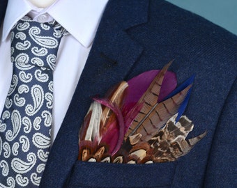 Navy Blue and  Plum Pheasant Feather Pocket Square No.67