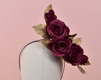 Crescent Moon Floating Plum Purple and Gold Roses Headpiece