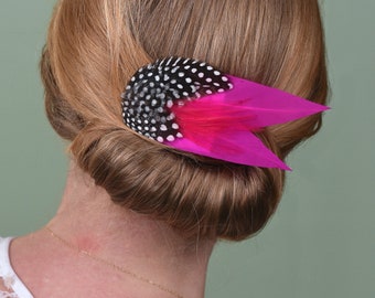 Fuchsia Pink Feather Hair Clip with Polka Dots