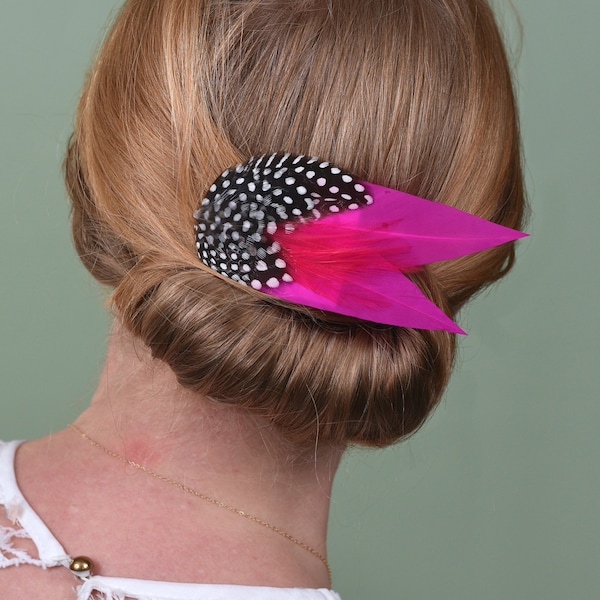 Fuchsia Pink Feather Hair Clip with Polka Dots | Magenta Pink Feather Fascinator | Blush Feather Headpiece | Wedding Fascinator