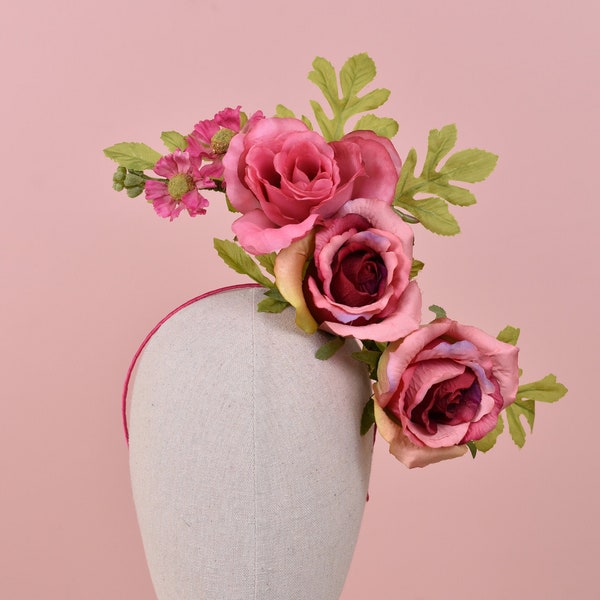 Sculptural Floating Pink Roses Headpiece | Flower Crown | Flower Headband | Wedding Headpiece | Races Headpiece