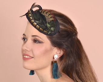 Side Perching Face Hugger Feather Fascinator in Black Silk and Black Pheasant Feathers