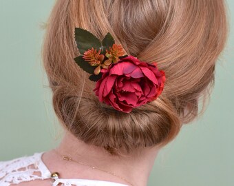 Crimson Red Peony Hair Clip | Silk Flower Hair Clip | Bridal Hair Clip | Bridesmaids Hair Clip | Flower Girl | Autumn | Fall