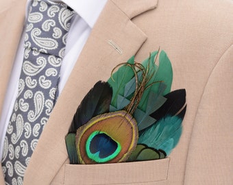 Shades of Green and Black Peacock Feather Pocket Square No.230