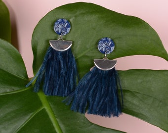 Statement Navy Blue Acetate and Ostrich Feather Tassel Earrings