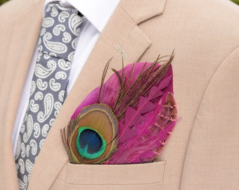 Plum Purple and Peacock Eye Feather Pocket Square No.222