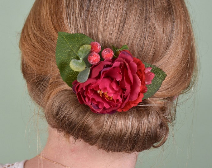 Red Peony, Blossom, Anemone and Berries Hair Clip