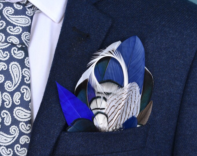 Royal, Navy Blue and White Pheasant and Duck Feather Pocket Square No.73