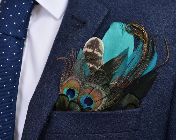 Teal and Green Peacock Feather Pocket Square No.40